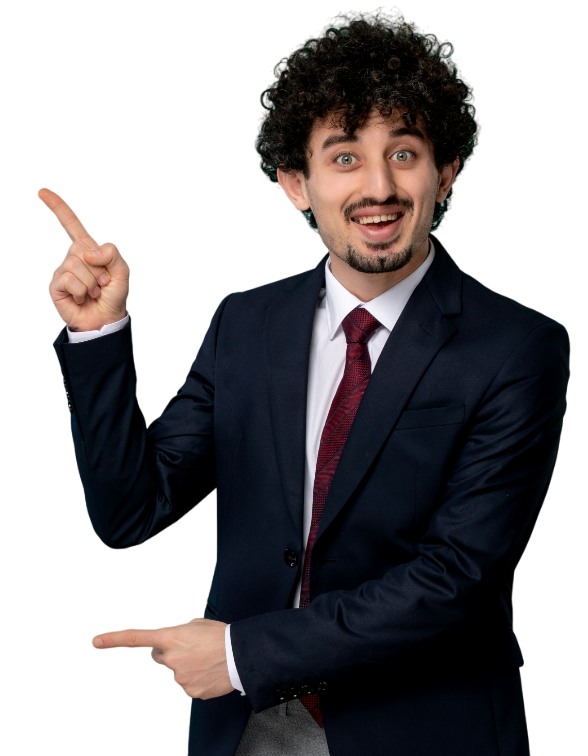 business man curly cute handsome guy black suit red tie pointing up smiling (1) photoroom copy