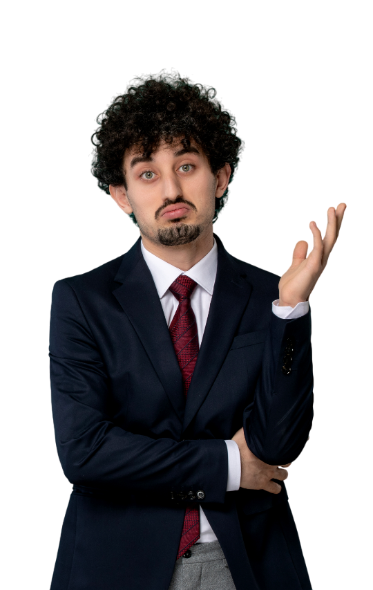 About us business man handsome cute young guy black suit red tie confused waving hands photoroom