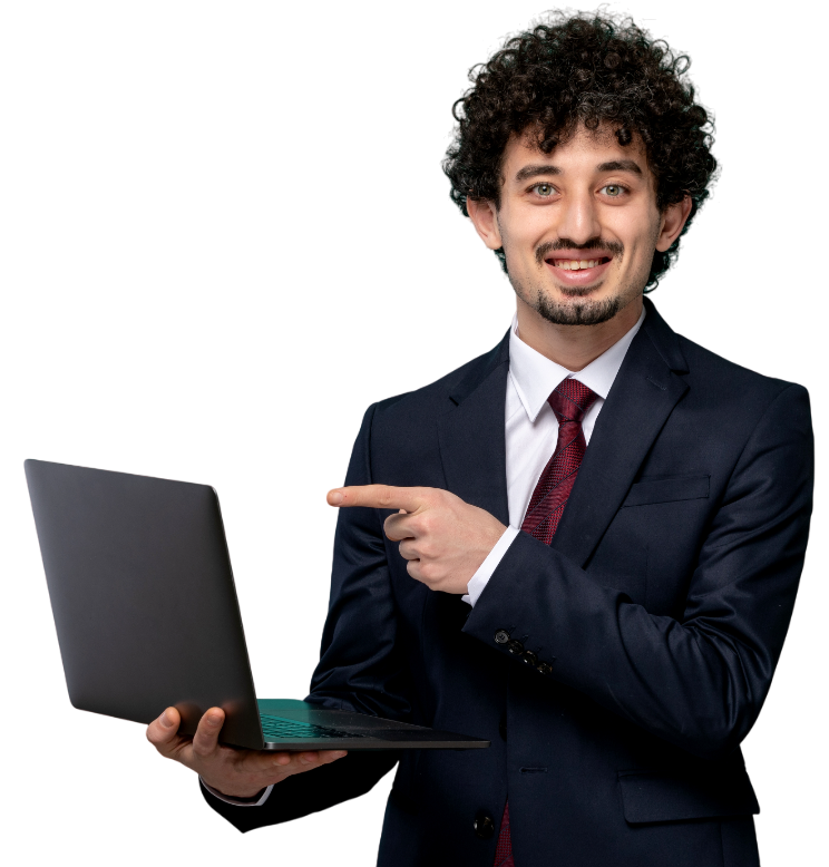 business man handsome cute young guy black suit red tie smiling with laptop photoroom